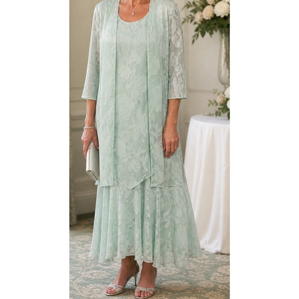 Vtg Drapers & Damons Seafoam Green 3 Pc Dress Set Floral Burnout Jacket Dress M